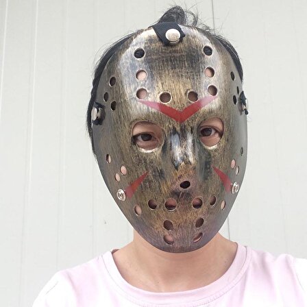 Bakır Renk Kırmızı Çizgili Tam Yüz Hokey Jason Maskesi Hannibal Maskesi (44DEX34)