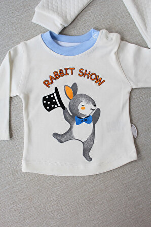 6-9-12 Ay Rabbit Şhow Nakışlı Kapşonlu Ceket Uzun Kollu Sweat Erkek Bebek 3lü Takım