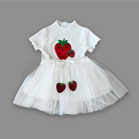 1-2-3 Yaş Payetli Çilek Baskılı Çilek Kuşaklı Kız Bebek Elbisesi