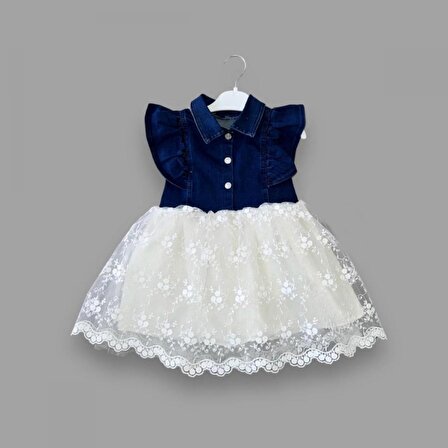 2-3-4 Yaş Astarlı Brode Etekli Kot Kumaş Düğmeli Kız Çocuk Elbisesi
