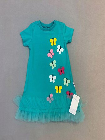 1-2-3 Yaş Renkli Kelebekler Nakışlı Eteği Fırfırlı Jile Çocuk Elbisesi