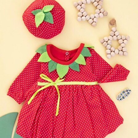 6-9-12 Ay Çilek Bebekler Kostümlü Penye Kumaş Şapkalı Bileklik Hediyeli Uzun Kollu Kız Bebek Elbisesi