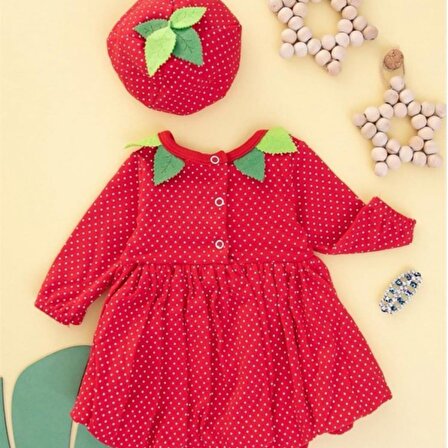 6-9-12 Ay Çilek Bebekler Kostümlü Penye Kumaş Şapkalı Bileklik Hediyeli Uzun Kollu Kız Bebek Elbisesi