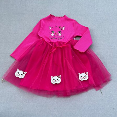 5-6-7 Yaş Minik Kedi Desenli Kurdela Kuşaklı Astarlı Kız Çocuk Tütü Elbise