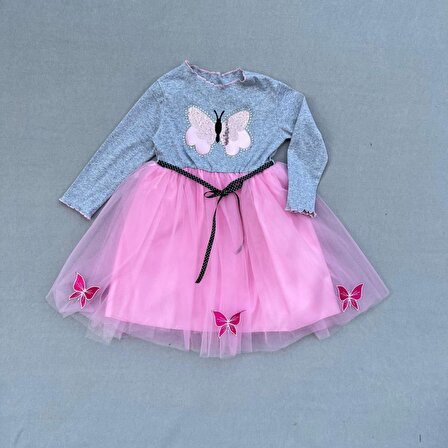 5-6-7 Yaş Taşlı Kelebek Desenli Kurdela Kuşaklı Astarlı Kız Çocuk Tütü Elbise