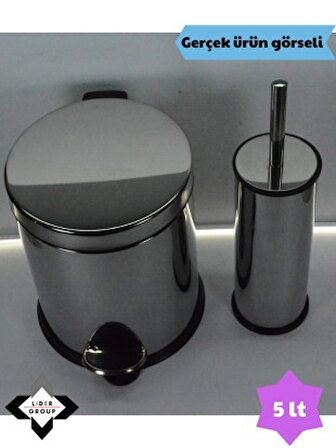 PASLANMAZ Krom Akıllı Klozet Fırçası & 5lt Pedallı Çöp Kovası Set