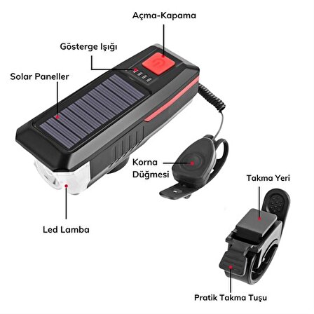 Solar Enerjili USB ile Şarj Edilebilir Ledli Bisiklet Feneri Kornalı ve Su Geçirmez Far (44Pyr34)