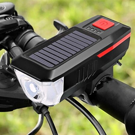 Solar Enerjili USB ile Şarj Edilebilir Ledli Bisiklet Feneri Kornalı ve Su Geçirmez Far (44Pyr34)