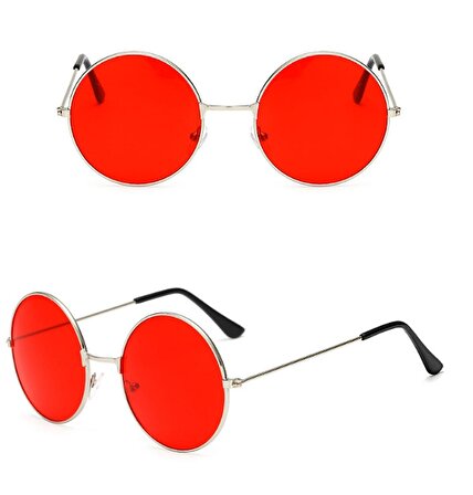 Yuvarlak Cam John Lennon Tarzı Gümüş Çerçeveli Kırmızı Gözlük (4434)