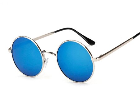 Yuvarlak Cam John Lennon Tarzı Gümüş Çerçeveli Mavi Gözlük (4434)
