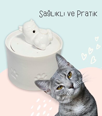 Seramik Kedi Su Sebili Otomatik Su Pınarı Su Çeşmesi 1.9lt