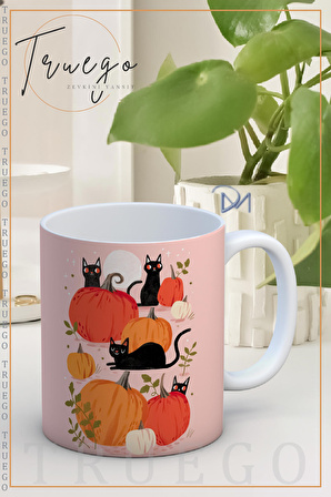 Baskılı Kupa Bardak Seramik Mug - Halloween Kedi ve Balkabağı