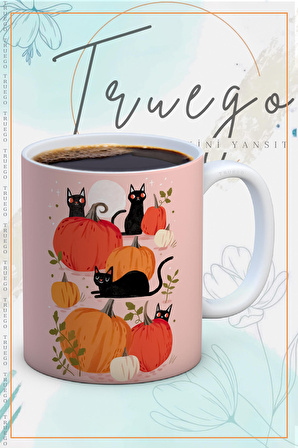 Baskılı Kupa Bardak Seramik Mug - Halloween Kedi ve Balkabağı