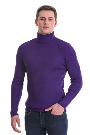Mor Slim Fit Fitilli Balıkçı Yaka Yünlü Triko Kazak | XXL