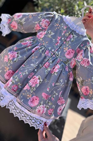 Dantel Süslemeli Çiçek Desenli Nervürlü Kız Çocuk Bebek Elbise