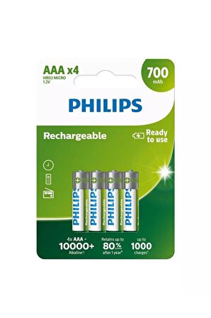 Philips R03b4a70/10 700mah Aaa Şarj Edilebilir Ince Kalem Pil 4lü Pake