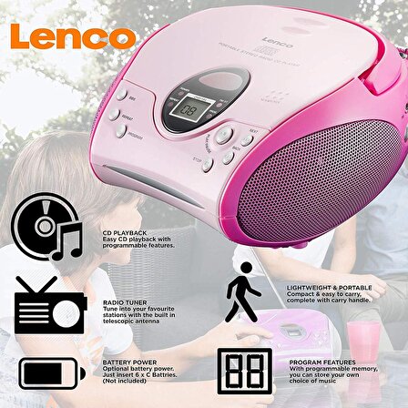 Lenco SCD-24 Portable Taşınabilir Müzik Seti Radyo CD Çalar-Pembe