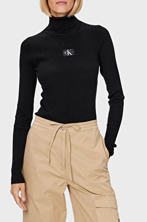 Calvin Klein Jeans Balıkçı Yaka Normal Düz Siyah Kazak Kadın J20J221688