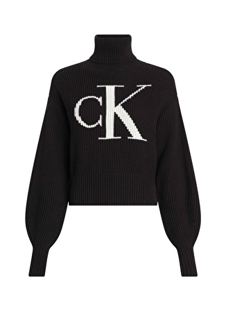 Calvin Klein Jeans Dik Yaka Normal Baskılı Siyah Kazak Kadın J20J221960BEH