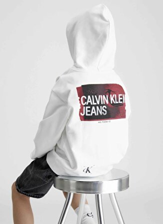Calvin Klein Baskılı Erkek Beyaz Sweatshırt TERRY PHOTOGRAPH HOODIE
