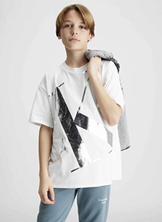 Calvin Klein Baskılı Beyaz Erkek T-Shirt SILVER BLOWN-UP MONOGRAM T-SHIRT