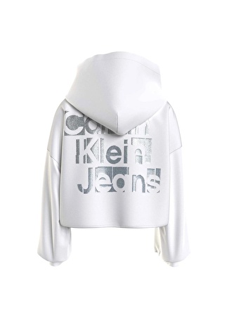 Calvin Klein Kız Çocuk Beyaz Sweatshırt METALLIC CKJ BACK LOGO HOODIE