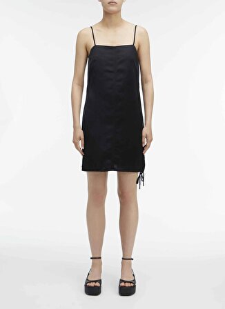 Calvin Klein Kare Yaka Düz Siyah Kısa Kadın Elbise VISCOSE LINEN MINI SLIP DRESS