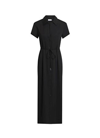 Calvin Klein Gömlek Yaka Düz Siyah Uzun Kadın Elbise GERİ DÖNÜŞTÜRÜLMÜŞ CDC MIDI SHIRT D