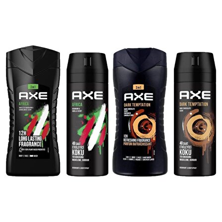Axe Dark Temptation 3in1 Erkek Duş Jeli 250ML + Deodorant 150 ML + Africa 3in1 Erkek Duş Jeli 250ML + Deodorant 150 ML 4lü Set