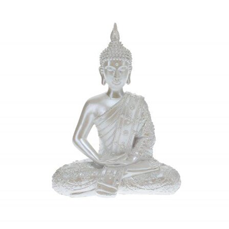 Meditasyon Yapan Dekoratif Buddha Heykeli, Gümüş Renkli, 27 Cm