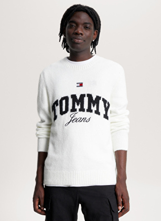 Tommy Jeans Bisiklet Yaka Normal Nakışlı Beyaz Erkek Kazak DM0DM17759YBH