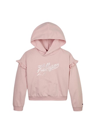 Tommy Hilfiger Baskılı Kız Çocuk Pembe Sweatshırt HILFIGER SCRIPT RUFFLE HOODIE