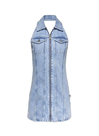 Tommy Jeans Ceket Yaka Düz Mavi Kısa Kadın Elbise ZIP HALTERNECK DRESS AH7011