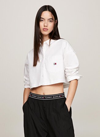 Tommy Jeans Normal Gömlek Yaka Düz Beyaz Kadın Gömlek TJW CRP BADGE SHIRT