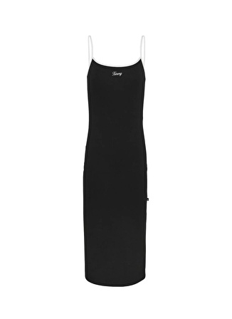 Tommy Jeans U Yaka Düz Siyah Uzun Kadın Elbise TJW TONAL SCRIPT MIDI DRESS