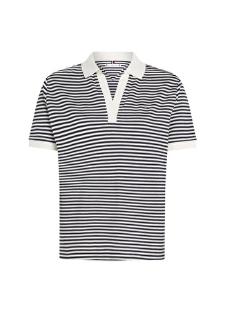 Tommy Hilfiger Lacivert - Beyaz Kadın Çizgili Polo T-Shirt RLX OPEN PLACKET LYOCELL POLO SS