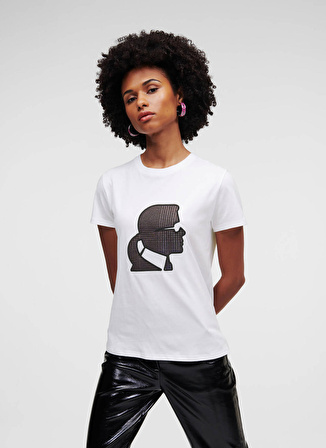 KARL LAGERFELD Bisiklet Yaka Baskılı Beyaz Kadın T-Shirt 230W1711