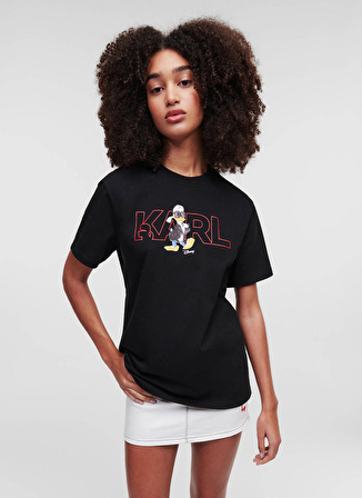 KARL LAGERFELD Bisiklet Yaka Baskılı Siyah Kadın T-Shirt 231W1790