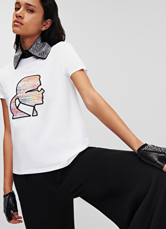 KARL LAGERFELD Bisiklet Yaka Baskılı Beyaz Kadın T-Shirt 235W1707