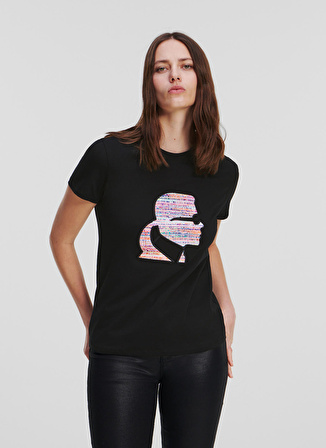 KARL LAGERFELD Bisiklet Yaka Baskılı Siyah Kadın T-Shirt 235W1707