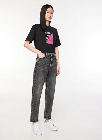 Karl Lagerfeld Jeans Bisiklet Yaka Baskılı Siyah Kadın T-Shirt 236J1710