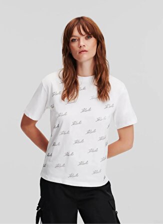 KARL LAGERFELD Yuvarlak Yaka Baskılı Beyaz Kadın T-Shirt 240W1704