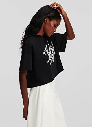 KARL LAGERFELD Yuvarlak Yaka Baskılı Siyah Kadın T-Shirt 240W1712