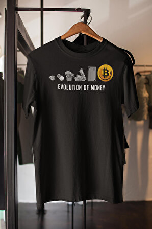 Evolution Of Money Bitcoin Baskılı Siyah Kısa Kollu Unisex Tişört