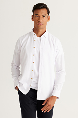 Erkek Beyaz Slim Fit Dar Kesim Pamuklu Gizli Düğmeli Yaka Uzun Kollu Oxford Gömlek