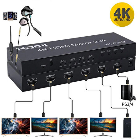 4K 60Hz HDMI Matrix 2x4 HDMI matrix değiştirici 2 4 Out HDMI dağıtıcı 