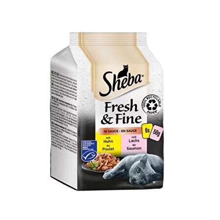 Sheba Pouch Fresh & Fine Sos İçerisinde Tavuklu ve Somonlu Yetişkin Konserve Kedi Maması 6 Adet 50 Gr