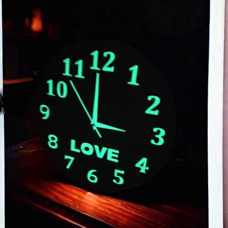 Ahşap Fosforlu Gece Parlayan Siyah Love Salon Mutfak Ofis Duvar Saati 35 cm Camsız