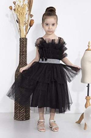 Minimony 1-5 Yaş Black Swan Katlı Tül Detay Kız Bebek Çocuk Siyah Elbise Bayramlık Balo Abiye Gelinlik 2020
