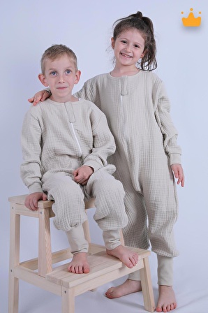 Begisa 2-8 Yaş 1 Tog Müslin Çocuk Uyku Tulumu Unisex Baharlık Yazlık Uzun Kollu Uyku Tulumu